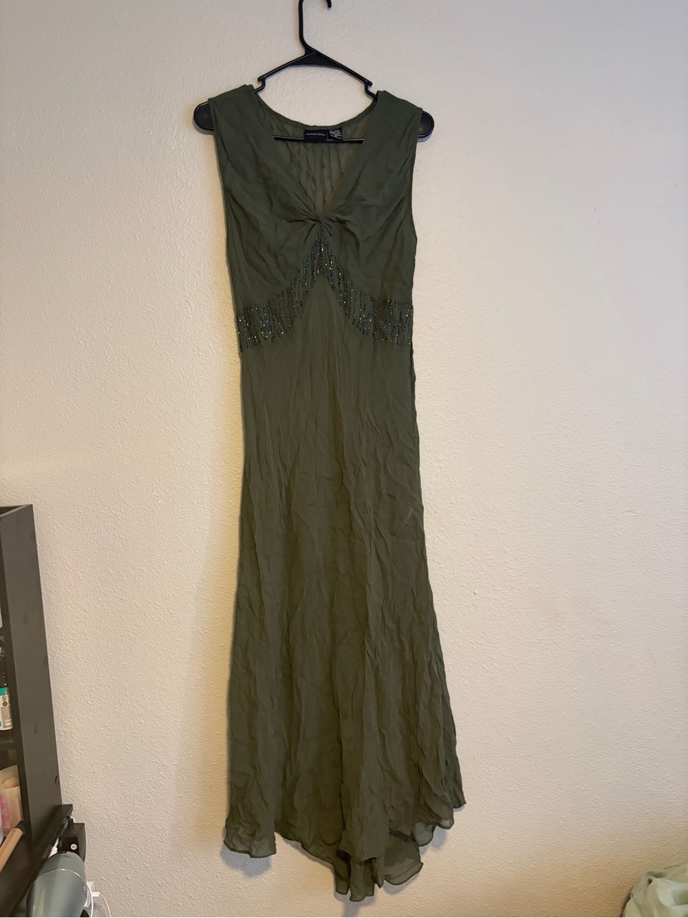 Olive Green Sleeveless Fairycore Whimsy Vintage Beaded Maxi Dress